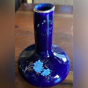 Vintage Cobalt Blue Glass Bud Vase with Light Blue Floral Accents & Gold Rim